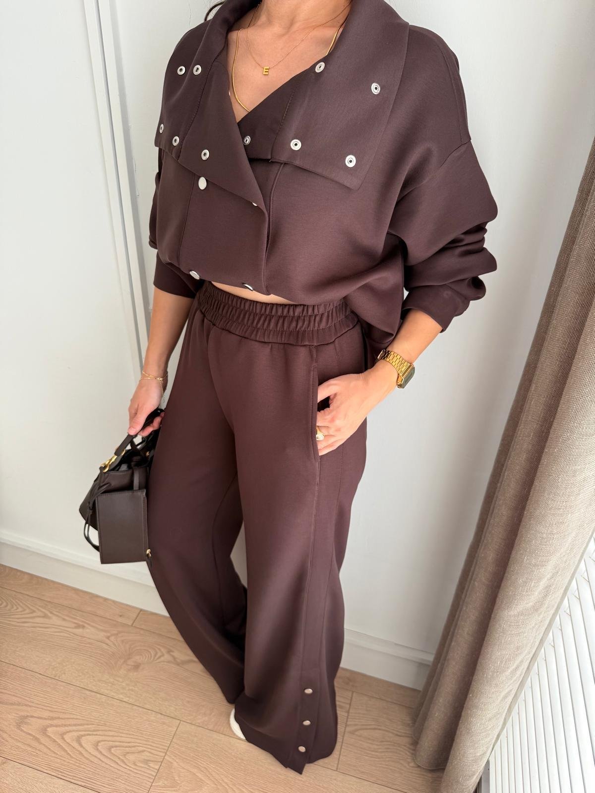 Kahve rengi Çıtçıt Düğmeli Paça Detaylı Modal Takım 36704