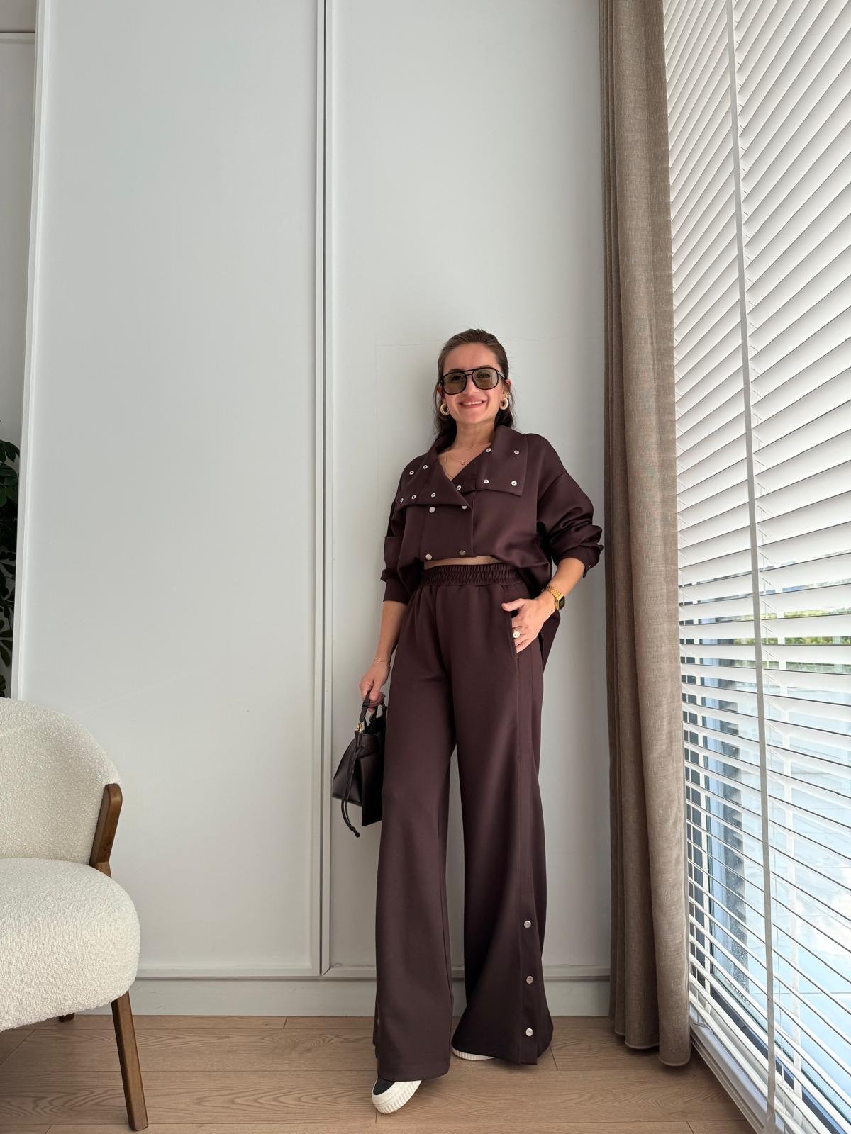 Kahve rengi Çıtçıt Düğmeli Paça Detaylı Modal Takım 36704