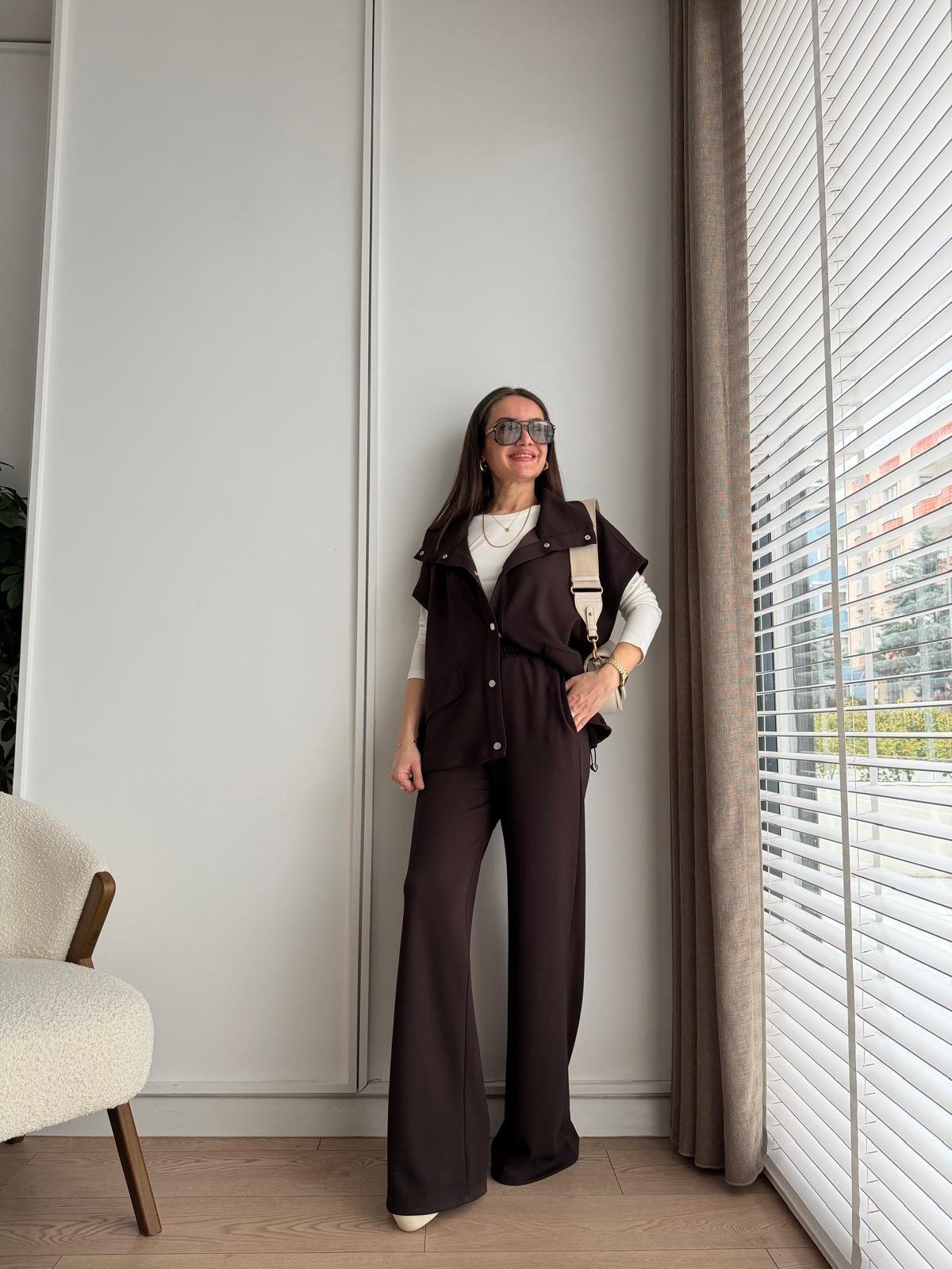 Kahve rengi Çıtçıt Düğmeli Üçlü Takım 37014
