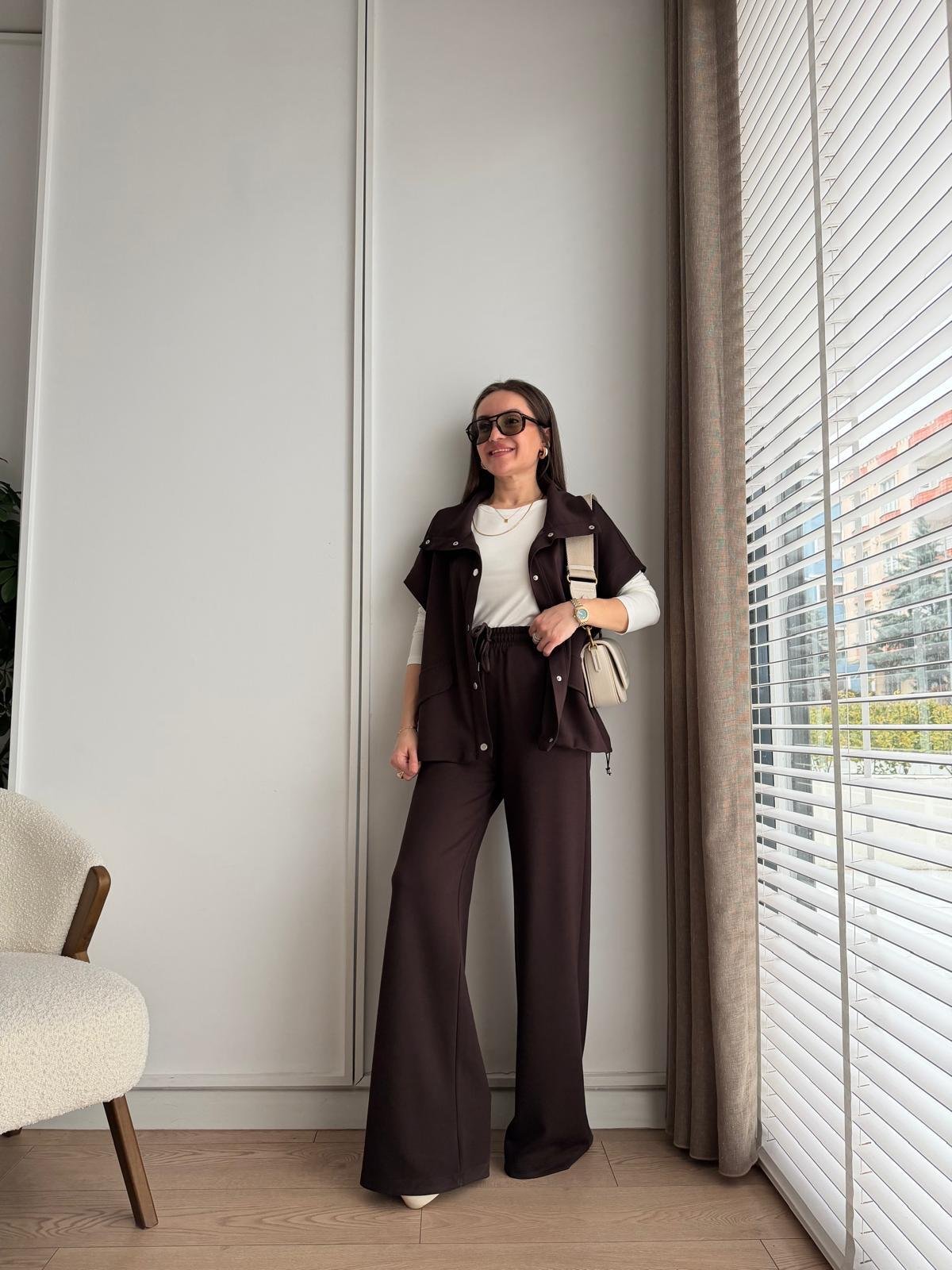Kahve rengi Çıtçıt Düğmeli Üçlü Takım 37014