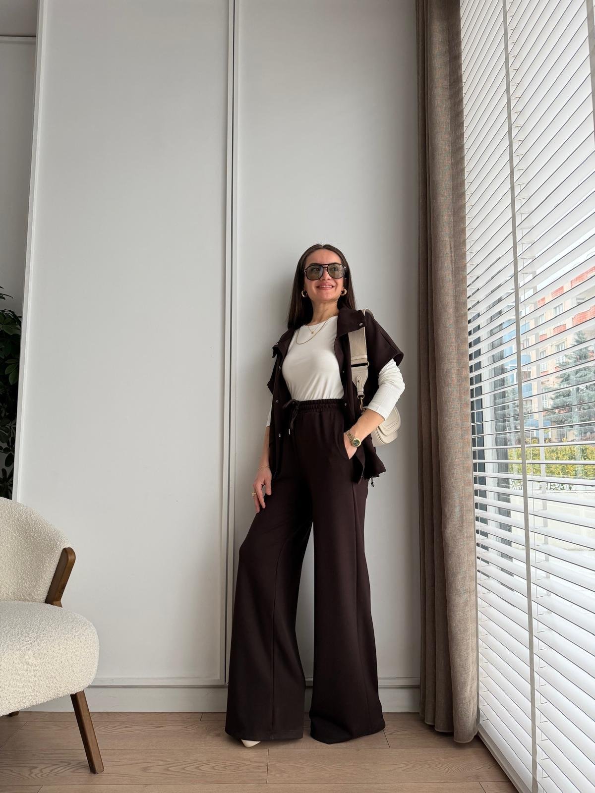 Kahve rengi Çıtçıt Düğmeli Üçlü Takım 37014