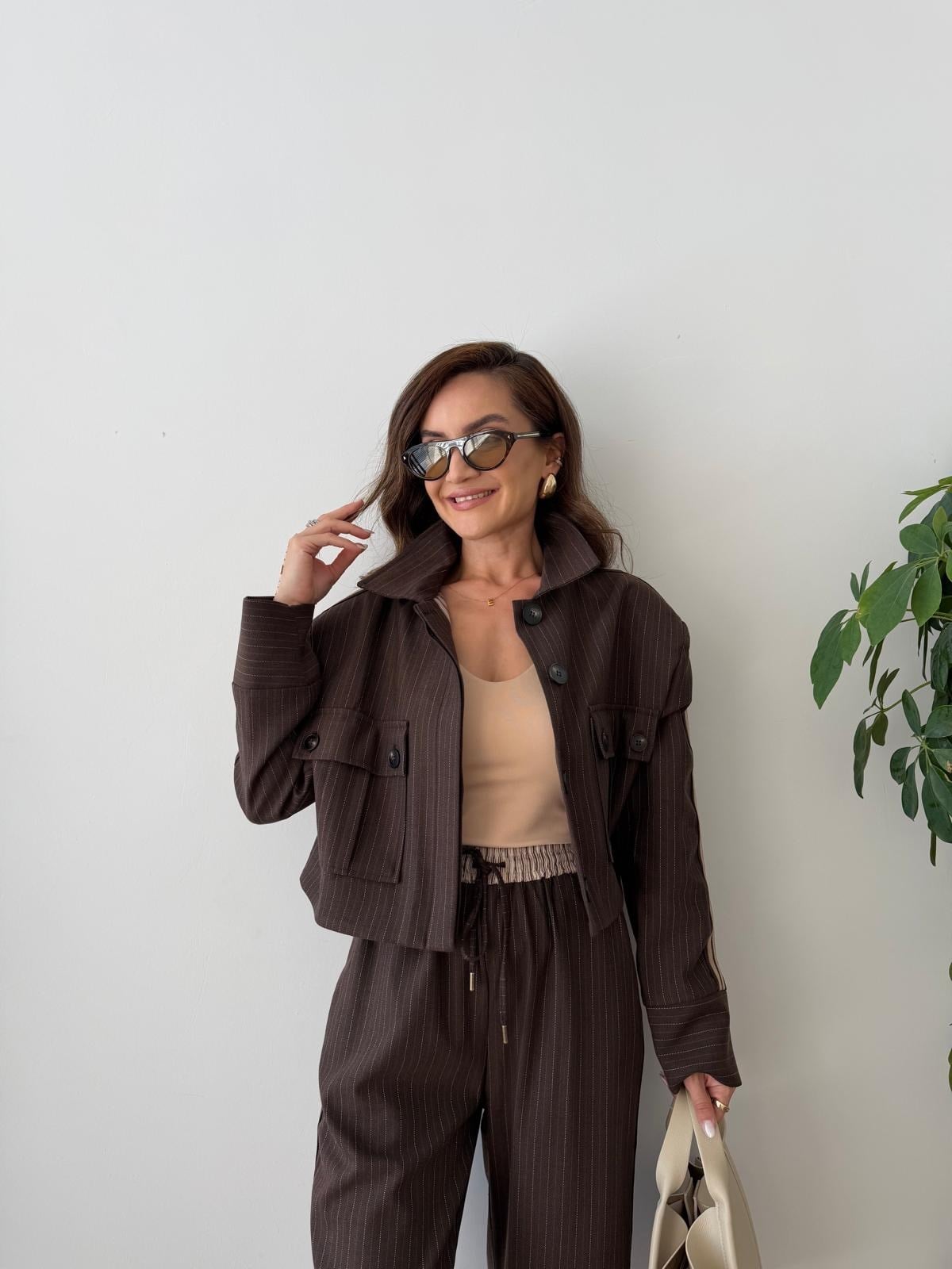 Kahve rengi Çizgili Cepli Kısa Ceket 02642
