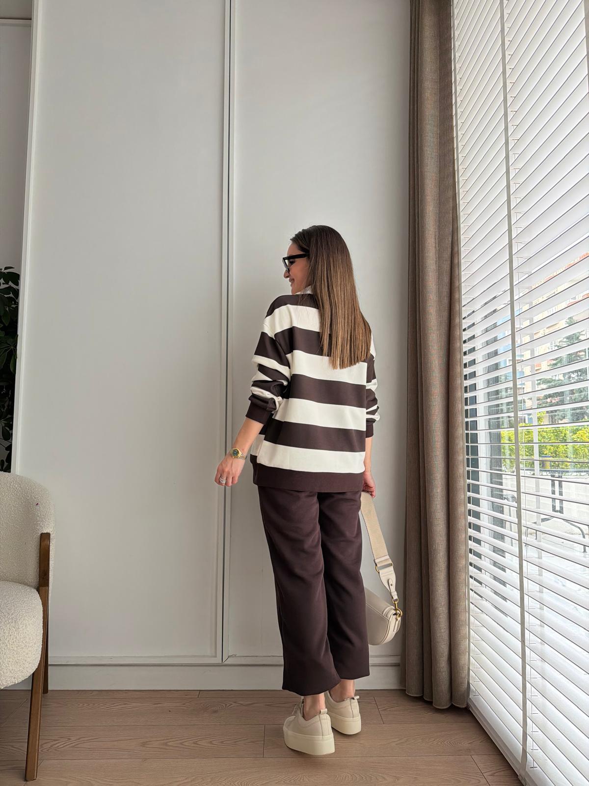 Kahve rengi Çizgili Sweatshirt Eşofman Takım 2063