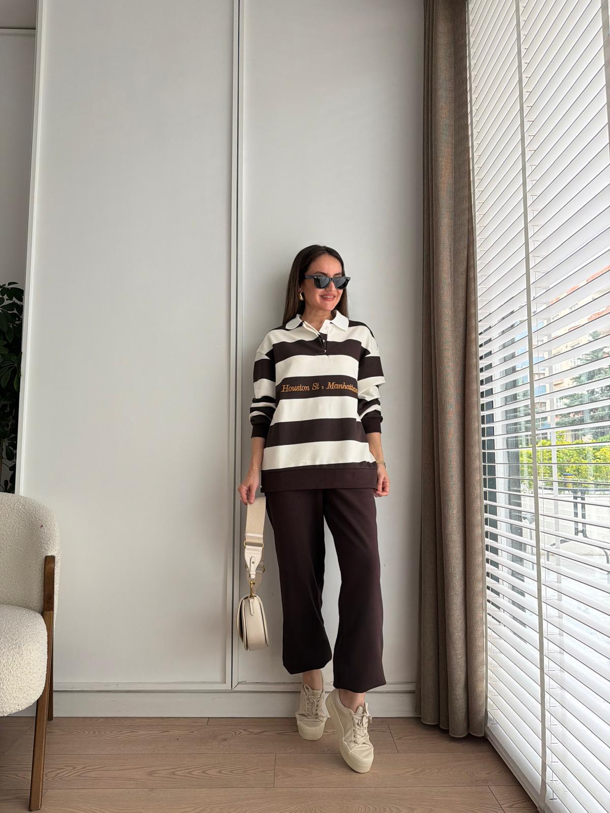 Kahve rengi Çizgili Sweatshirt Eşofman Takım 2063