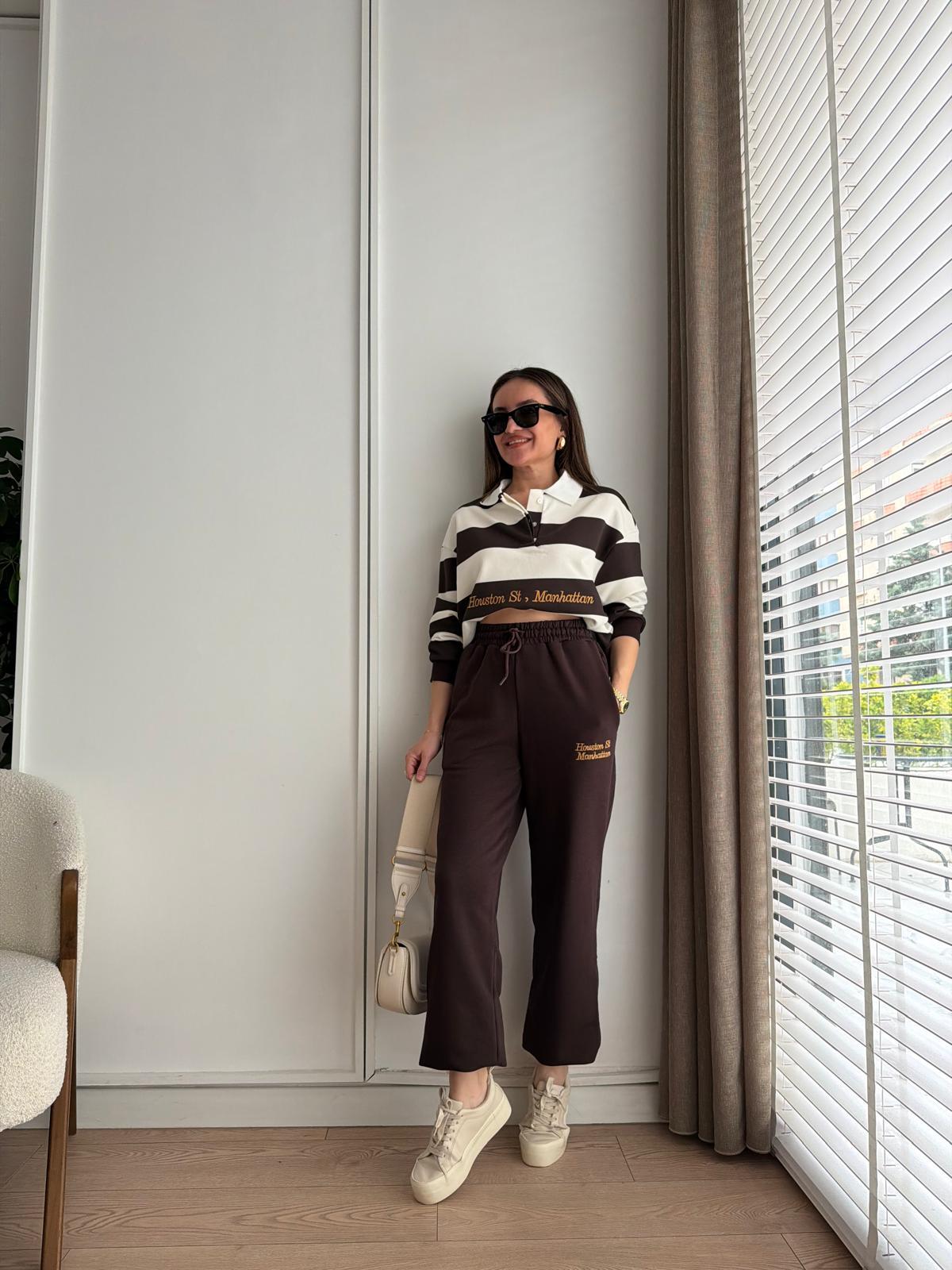 Kahve rengi Çizgili Sweatshirt Eşofman Takım 2063