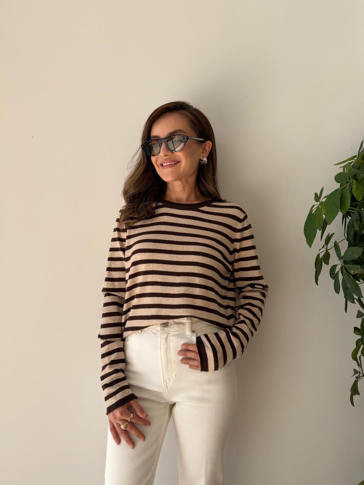 Kahve rengi Çizgili Triko Bluz 26417