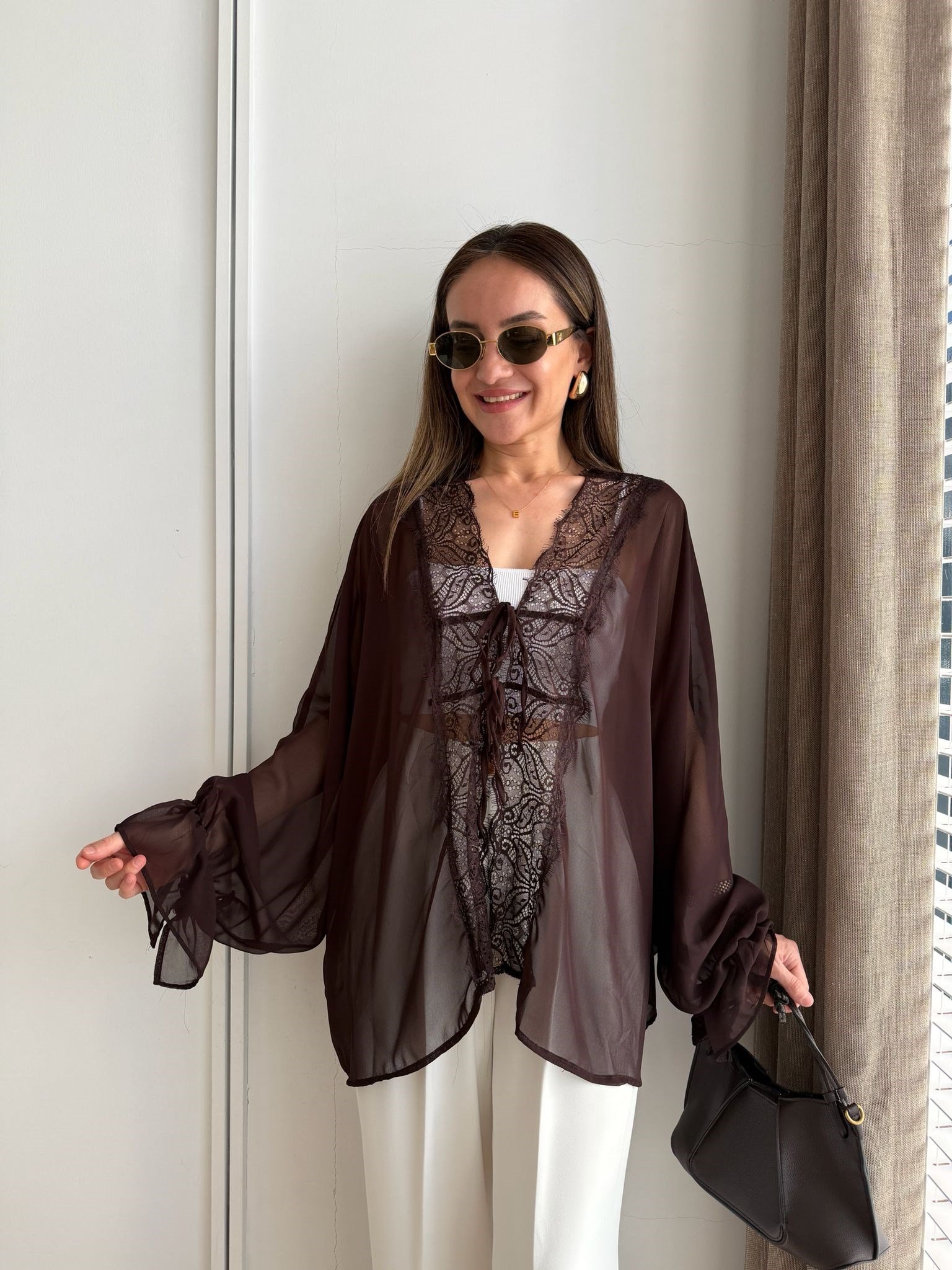 Kahve rengi Dantel Detaylı Bağlamalı Transparan Kimono 1690