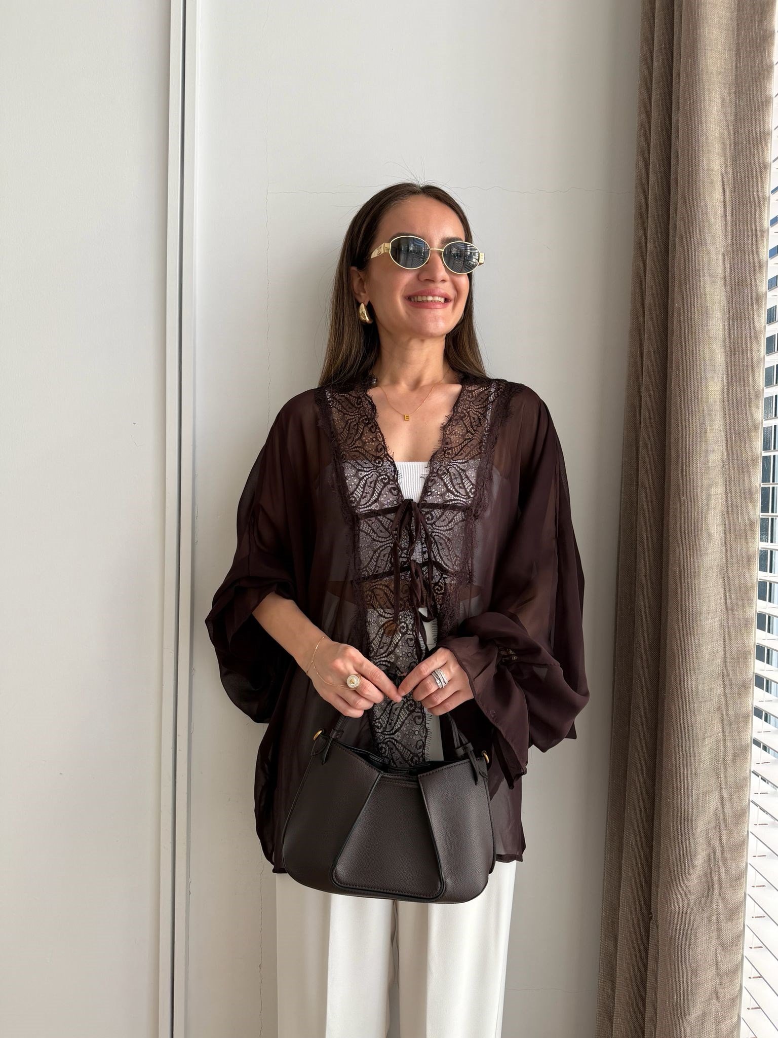 Kahve rengi Dantel Detaylı Bağlamalı Transparan Kimono 1690