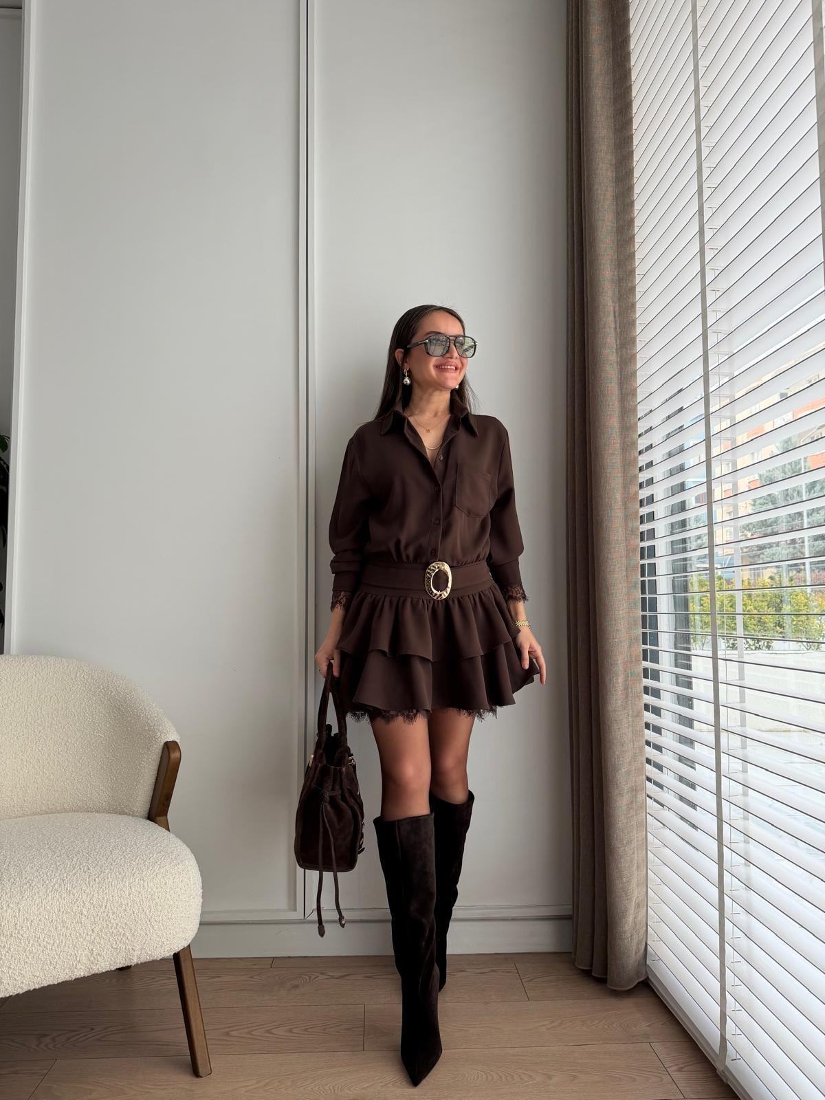 Kahve rengi Dantel Detaylı Kemerli Elbise 35518