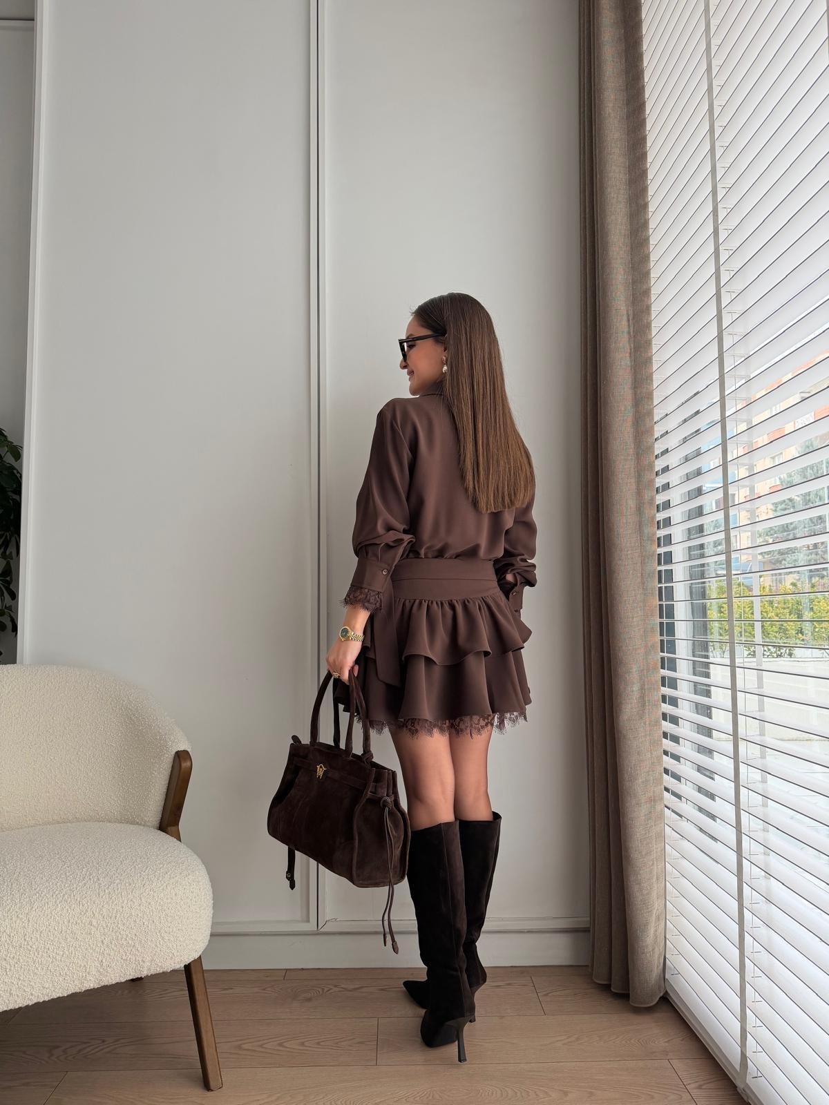 Kahve rengi Dantel Detaylı Kemerli Elbise 35518