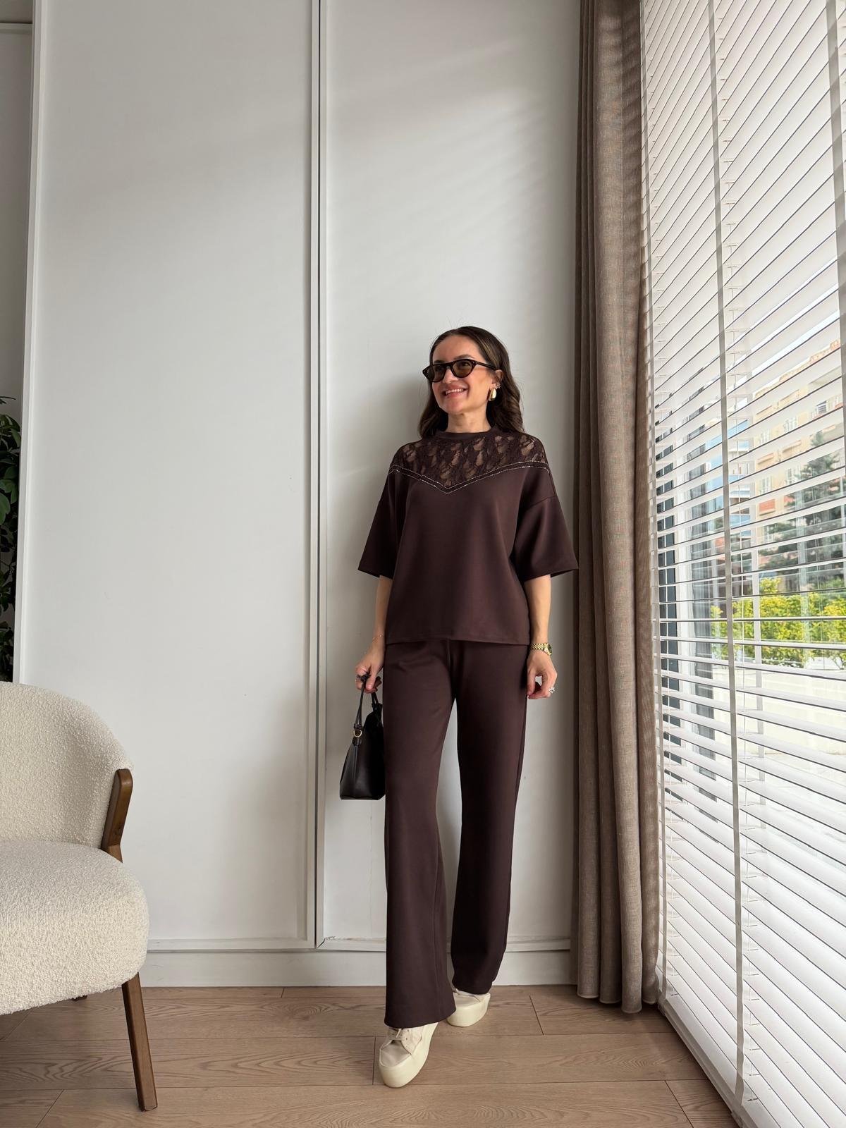 Kahve rengi Dantel Detaylı Taş İşlemeli Modal Takım 2383