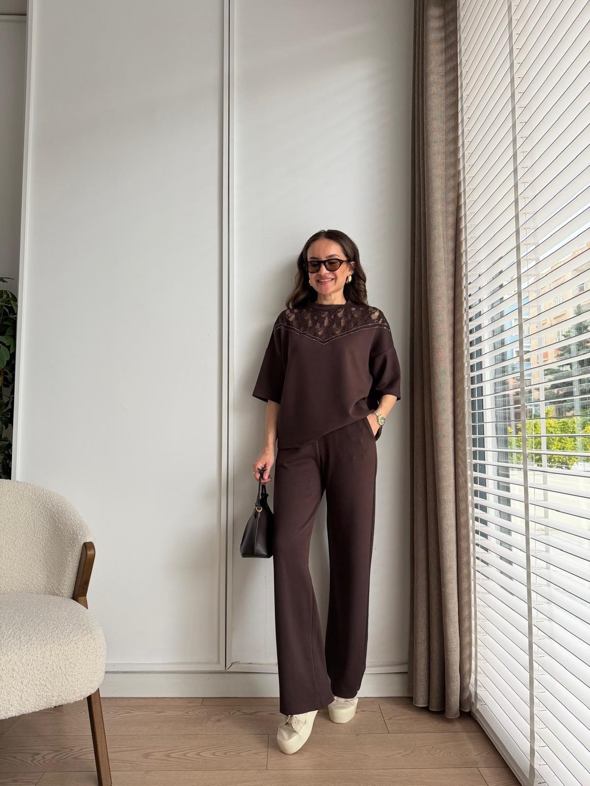 Kahve rengi Dantel Detaylı Taş İşlemeli Modal Takım 2383