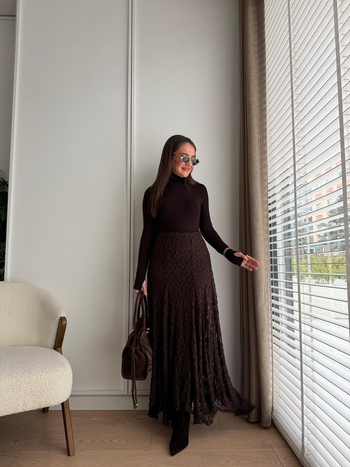 Kahve rengi Dantelli Volanlı Etek 37120