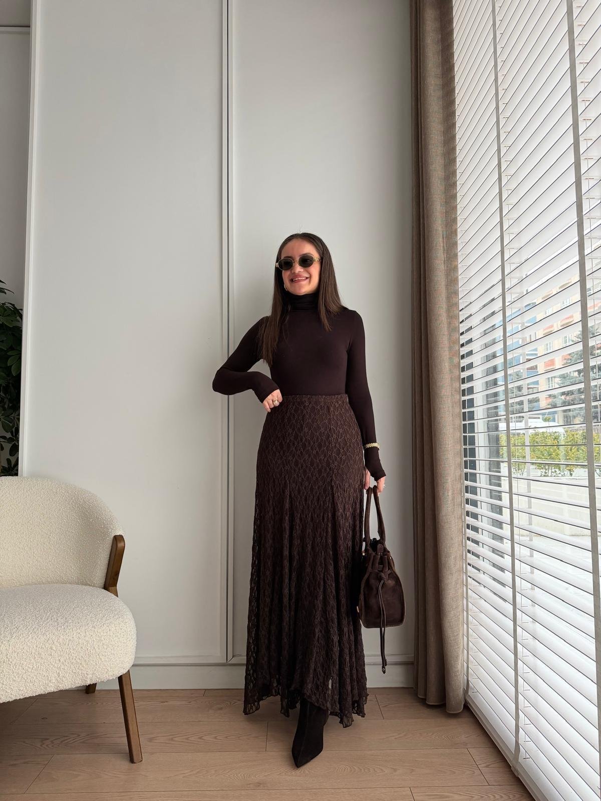 Kahve rengi Dantelli Volanlı Etek 37120