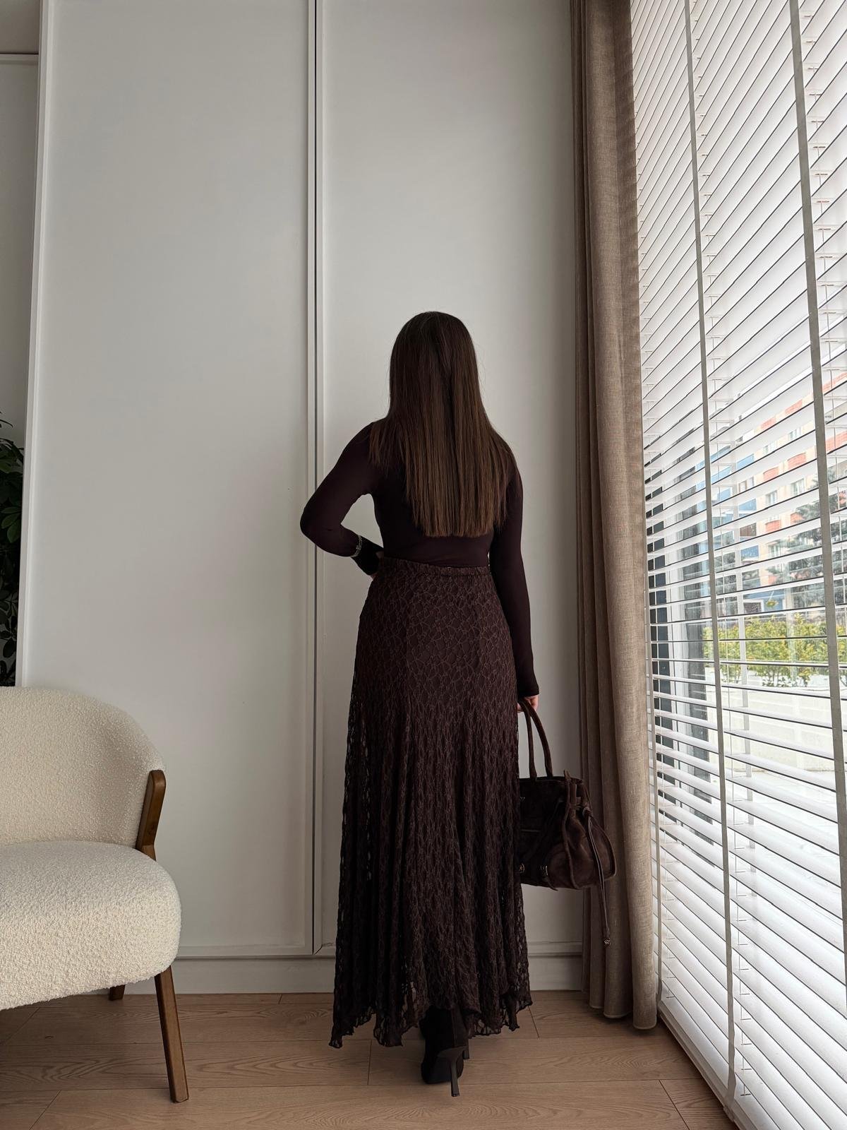Kahve rengi Dantelli Volanlı Etek 37120
