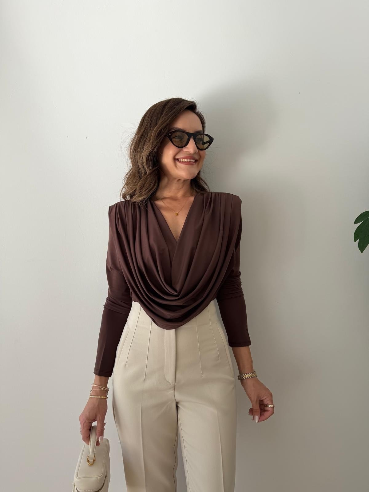 Kahve rengi Degaje Yaka Bluz 261274
