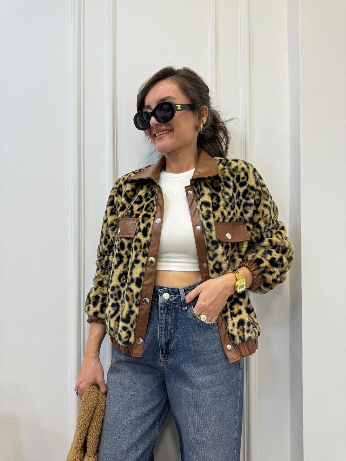 Kahve rengi Deri Garnili Leopar Desen Peluş Ceket 35455
