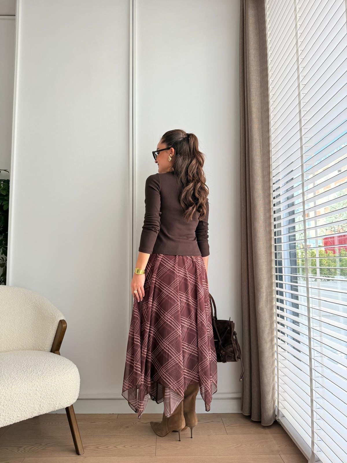 Kahve rengi Desenli Bel Lastikli Şifon Etek 251105