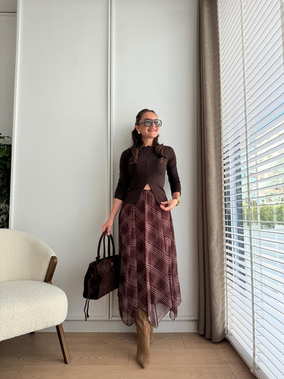 Kahve rengi Desenli Bel Lastikli Şifon Etek 251105
