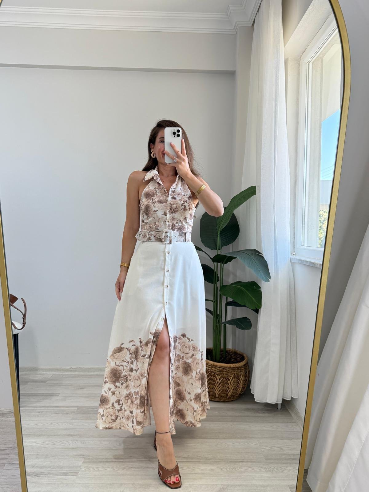 Kahve rengi Desenli Halter Yaka Kemerli Elbise 40197