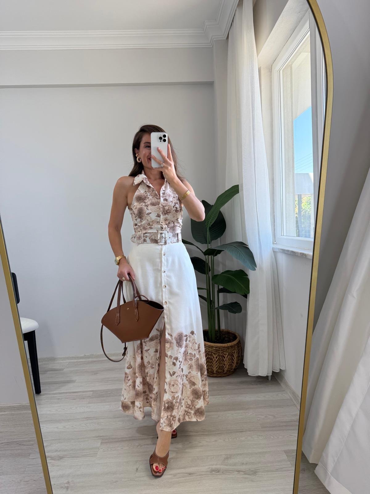 Kahve rengi Desenli Halter Yaka Kemerli Elbise 40197