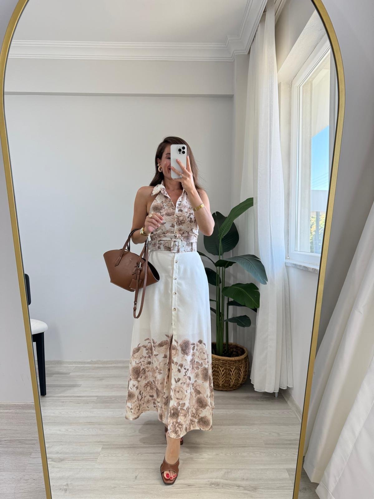 Kahve rengi Desenli Halter Yaka Kemerli Elbise 40197