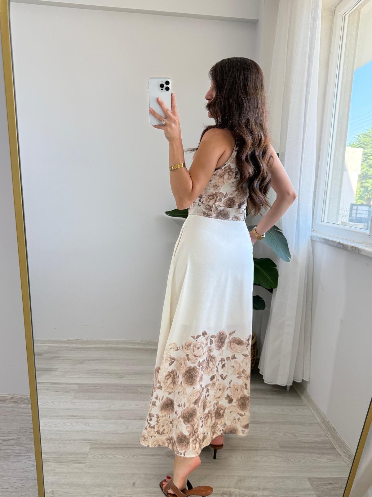 Kahve rengi Desenli Halter Yaka Kemerli Elbise 40197