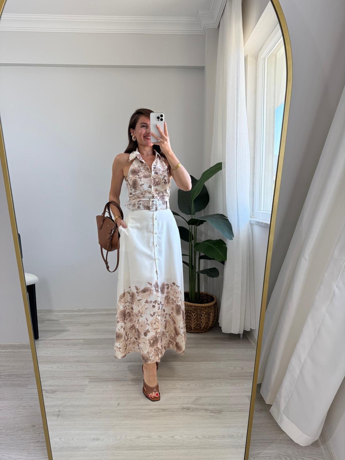 Kahve rengi Desenli Halter Yaka Kemerli Elbise 40197