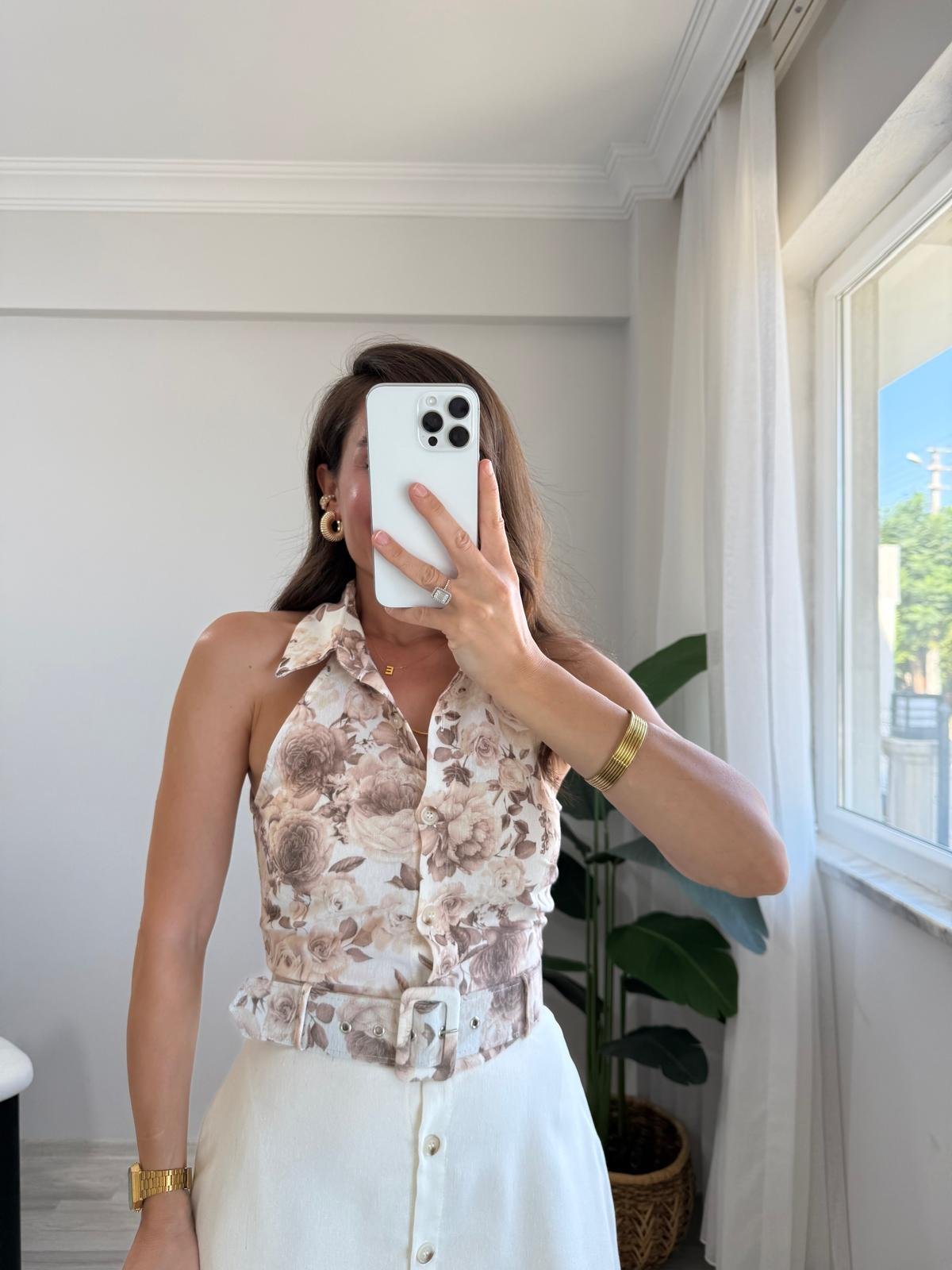 Kahve rengi Desenli Halter Yaka Kemerli Elbise 40197