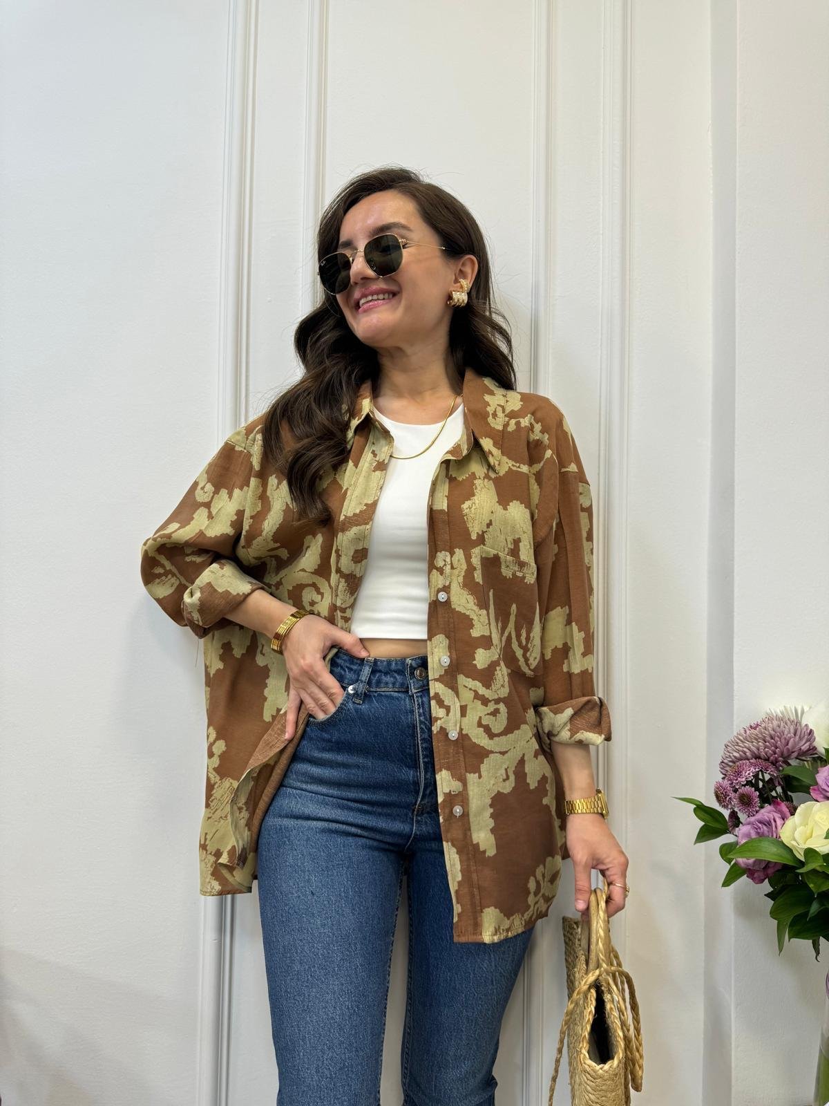 Kahve rengi Desenli Lüx Kalite Oversize Gömlek 4832