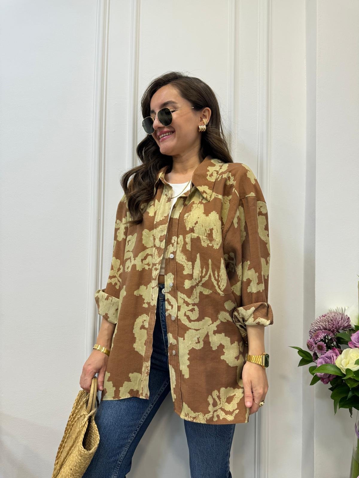 Kahve rengi Desenli Lüx Kalite Oversize Gömlek 4832