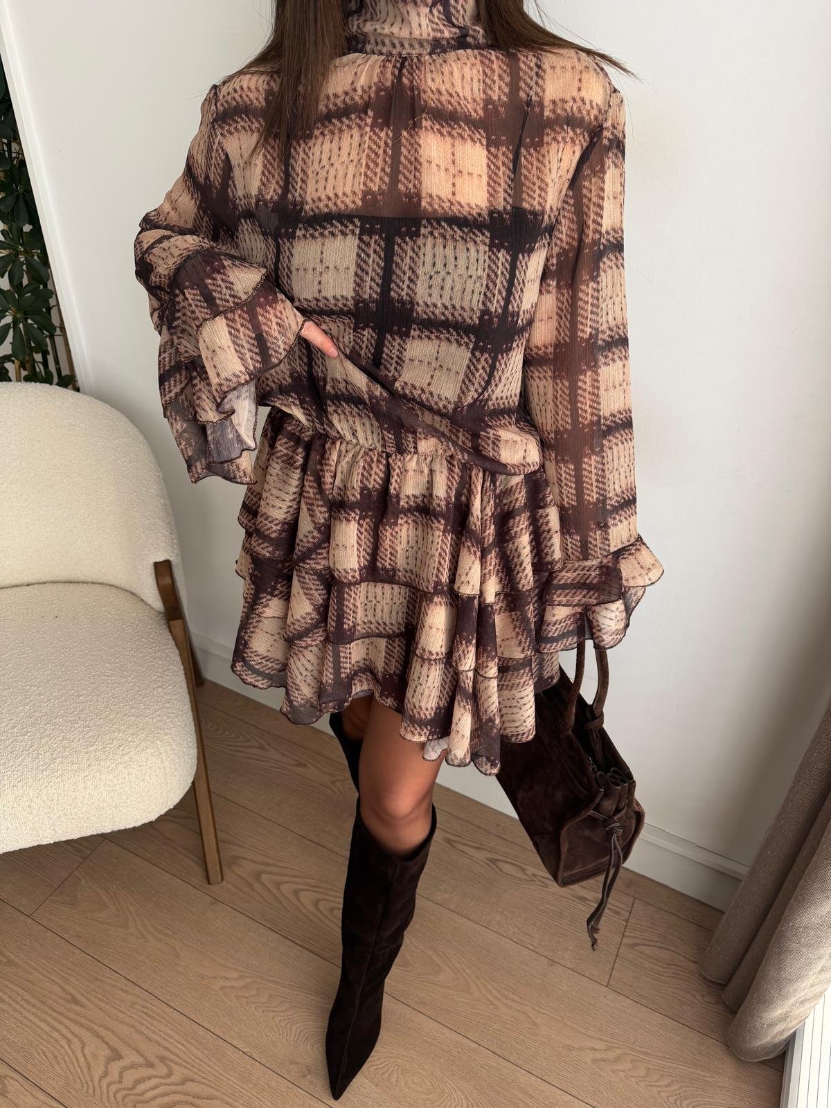Kahve rengi Desenli Volanlı Mini Boy Şifon Elbise 0989