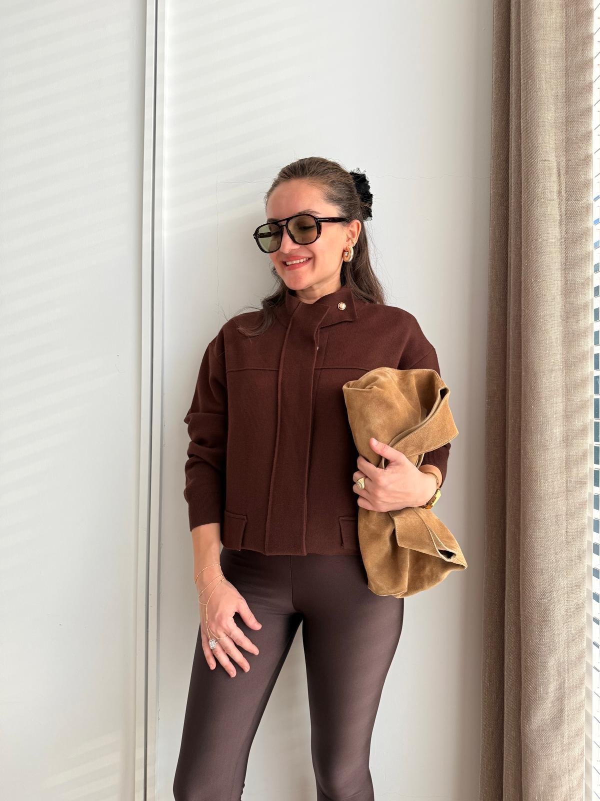 Kahve rengi Dik Yaka Cep Detaylı Triko Hırka 145309