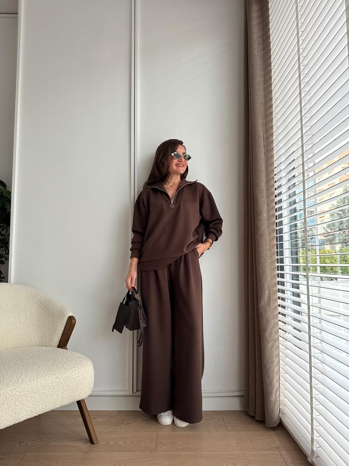 Kahve rengi Dik Yaka Fermuarlı Modal Takım 1105