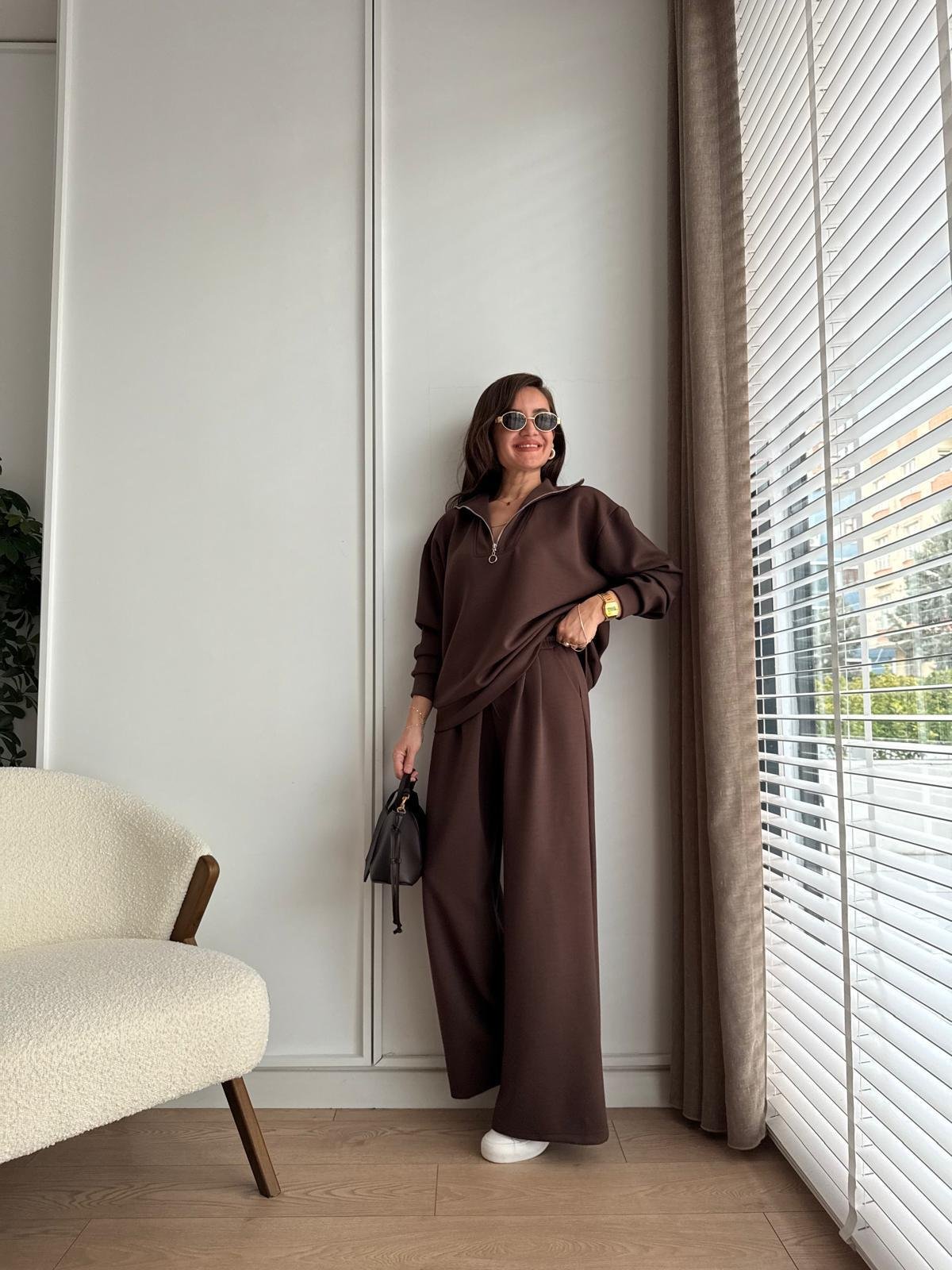 Kahve rengi Dik Yaka Fermuarlı Modal Takım 1105