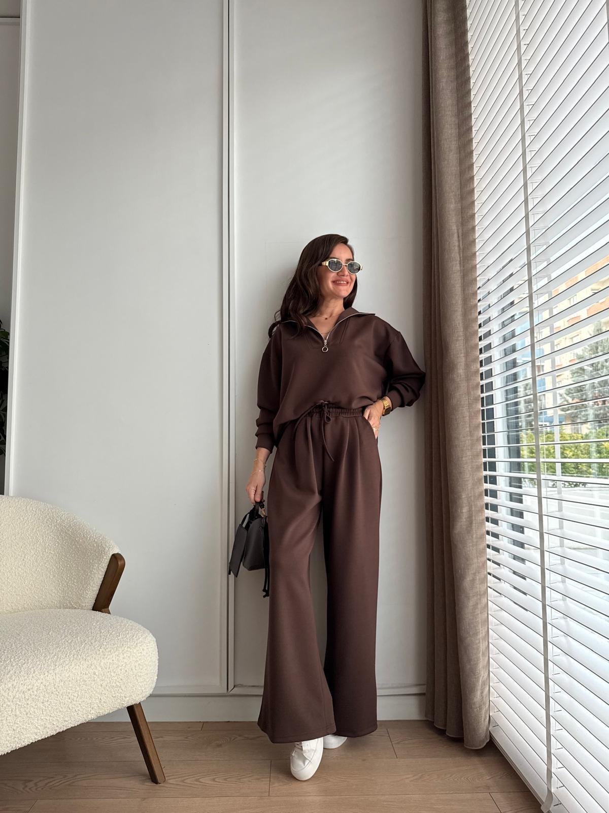 Kahve rengi Dik Yaka Fermuarlı Modal Takım 1105