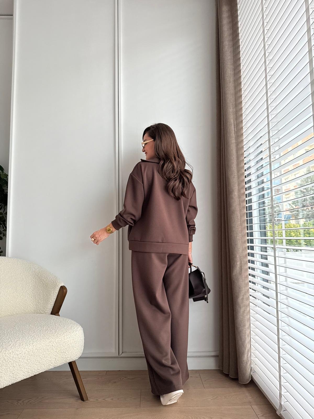 Kahve rengi Dik Yaka Fermuarlı Modal Takım 1105