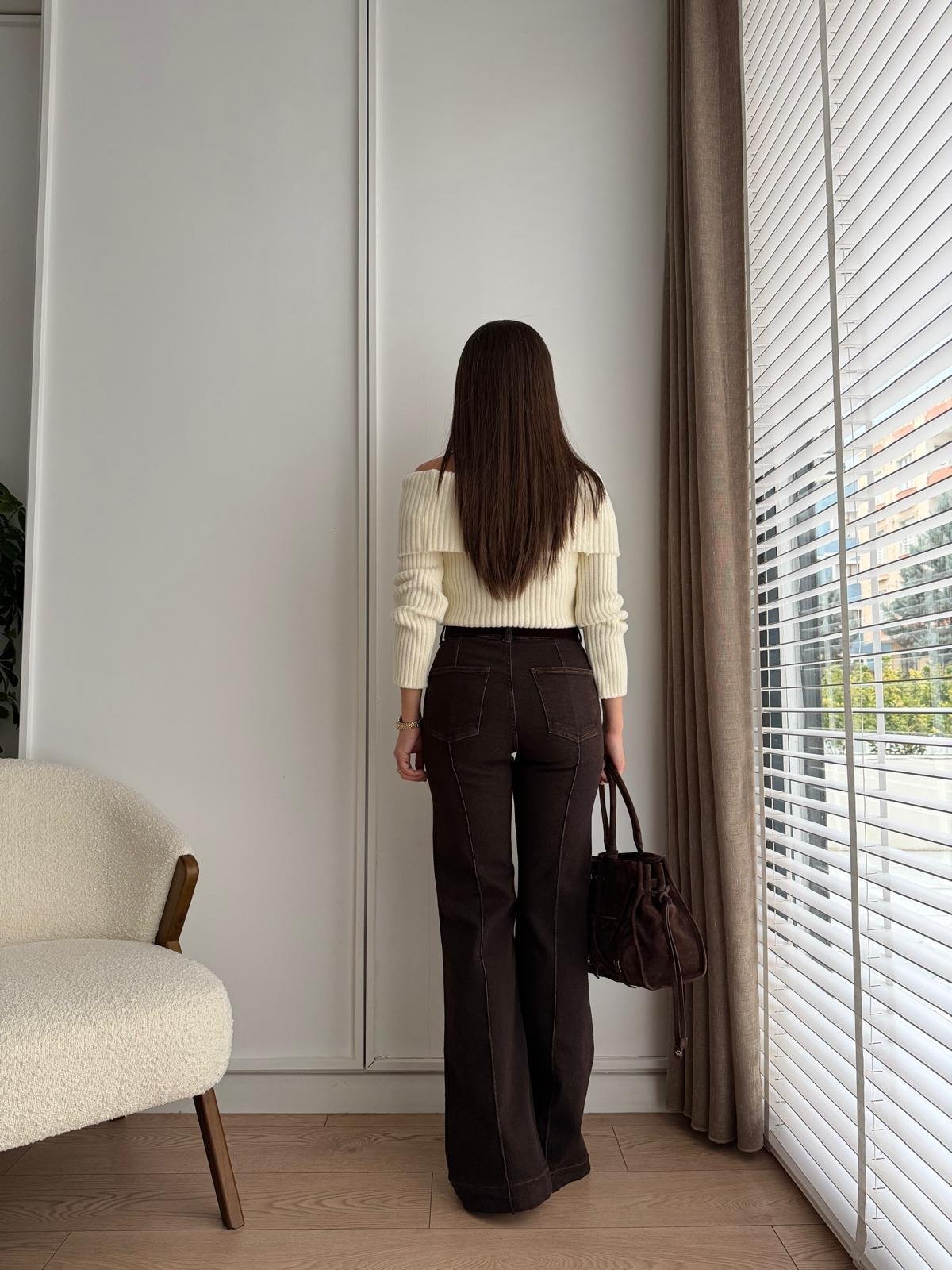Kahve rengi Dikiş Detaylı Kemerli İspanyol Paça Pantolon 25678