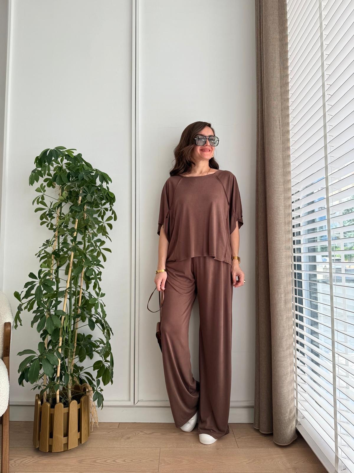 Kahve rengi Dikiş Detaylı Modal Takım 1129