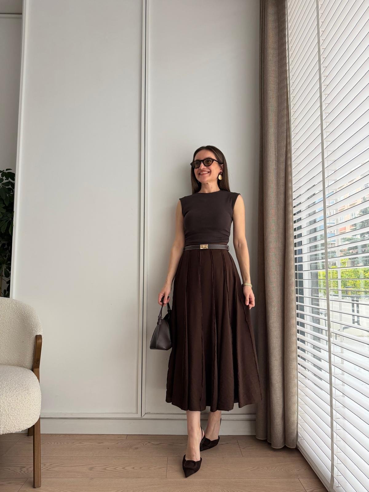 Kahve rengi Dikiş Detaylı Parçalı Etek 580257