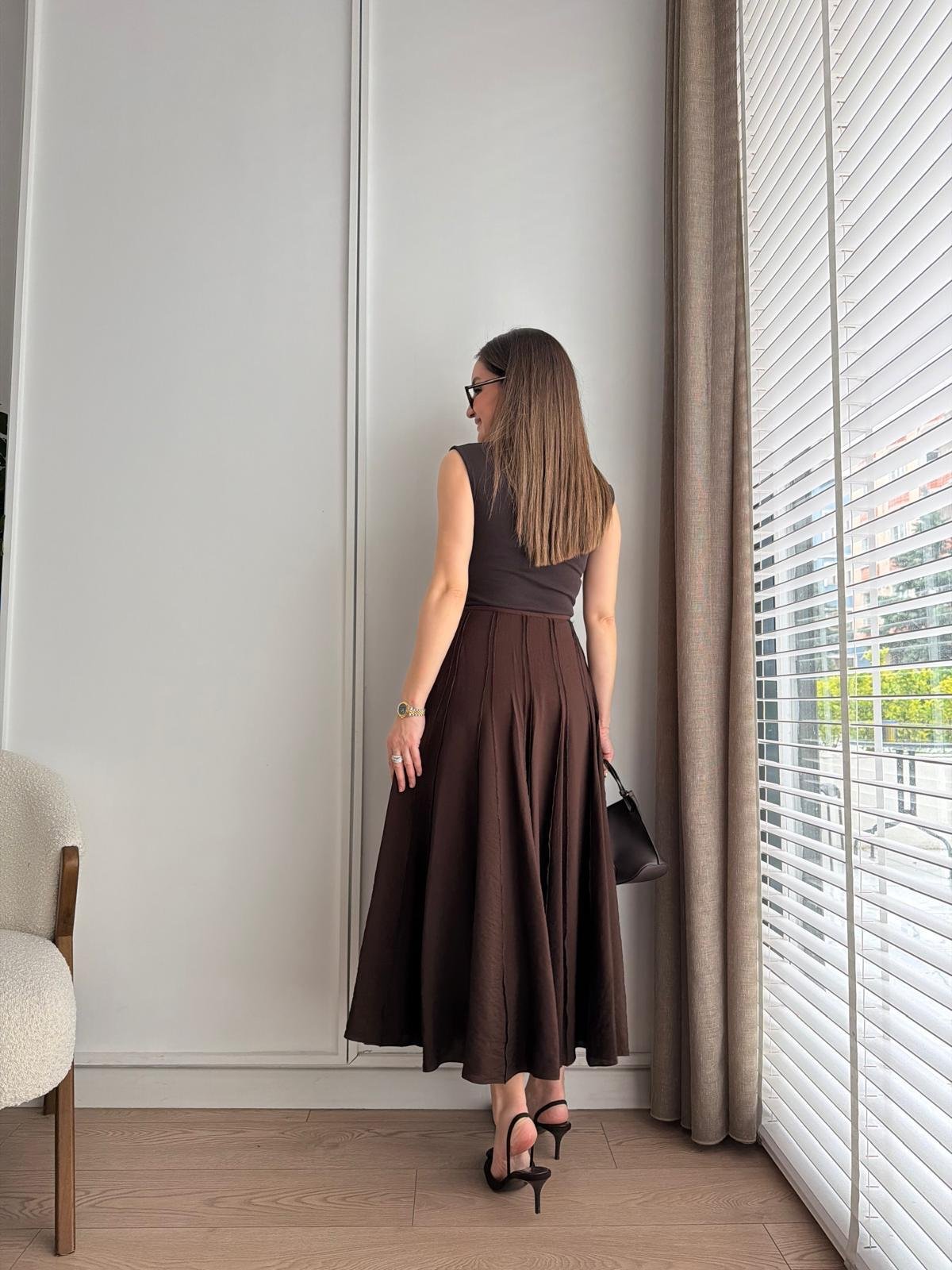 Kahve rengi Dikiş Detaylı Parçalı Etek 580257