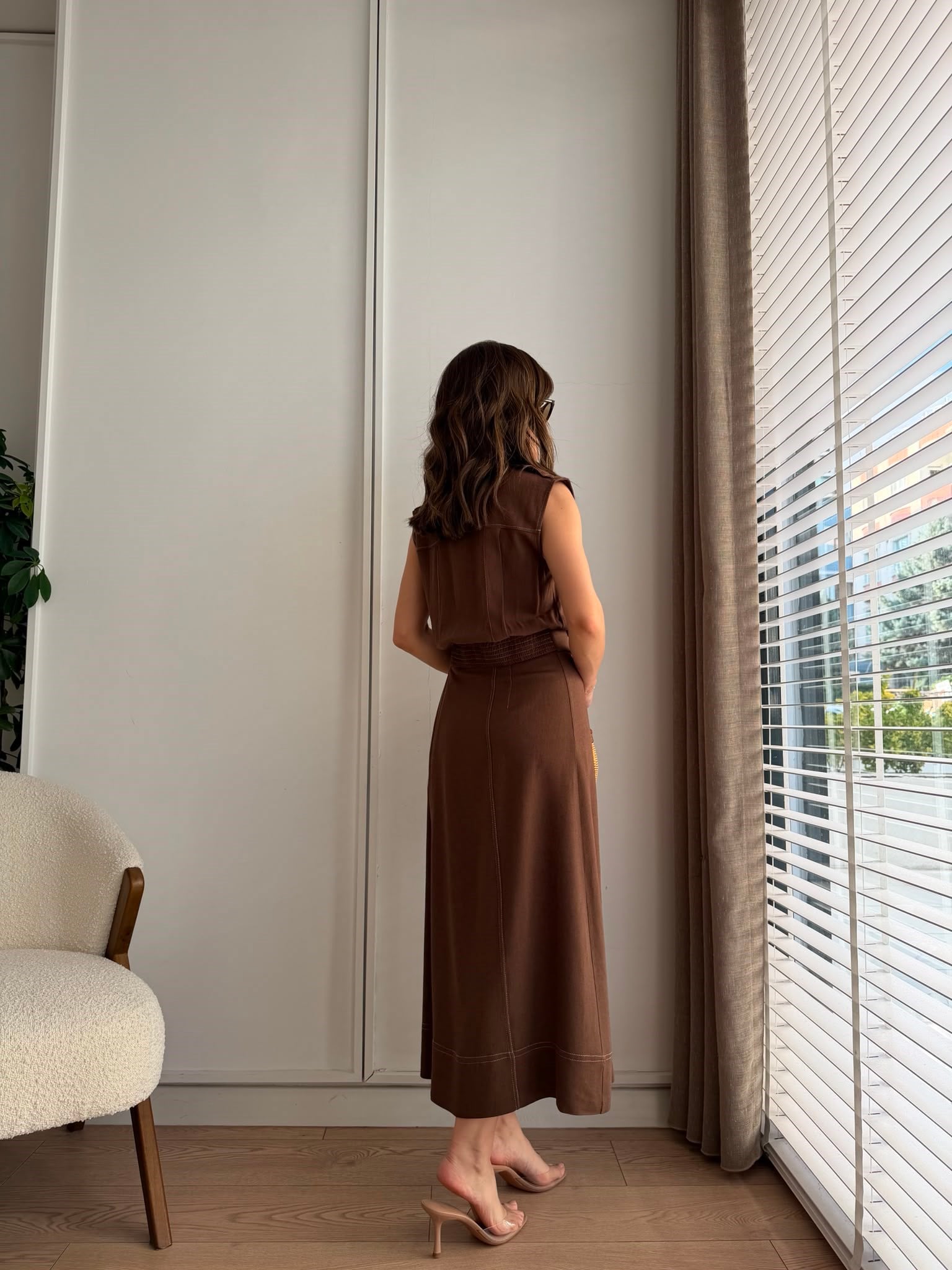 Kahve rengi Dikişli Keten Takım 0088