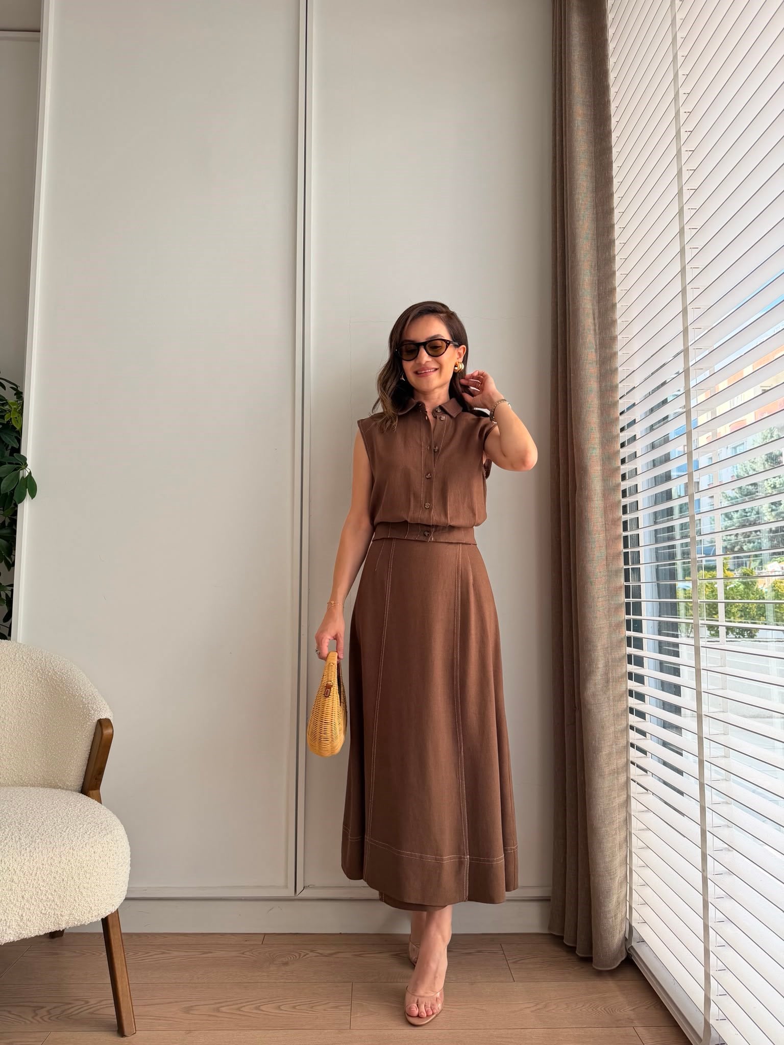 Kahve rengi Dikişli Keten Takım 0088