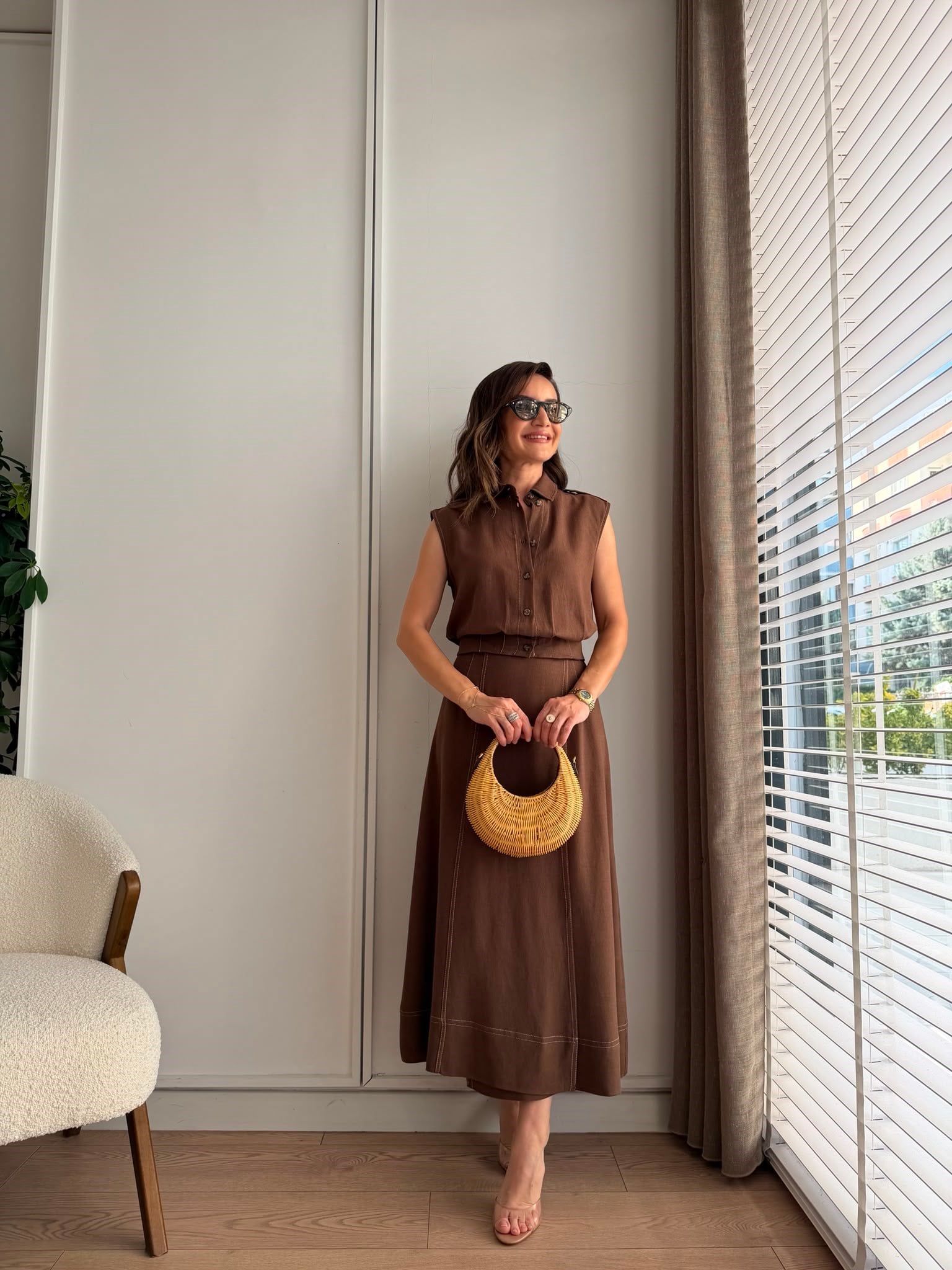 Kahve rengi Dikişli Keten Takım 0088
