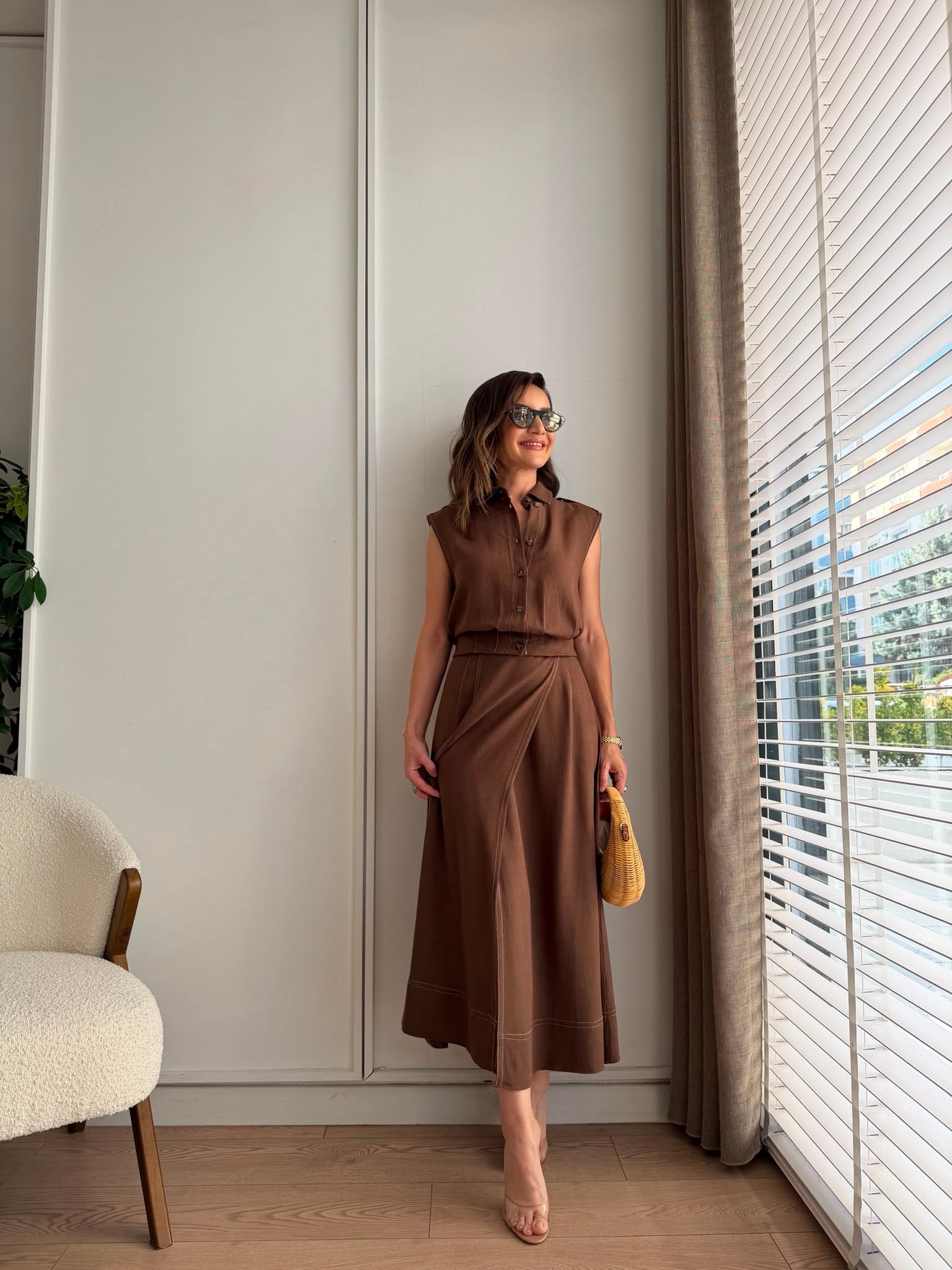 Kahve rengi Dikişli Keten Takım 0088