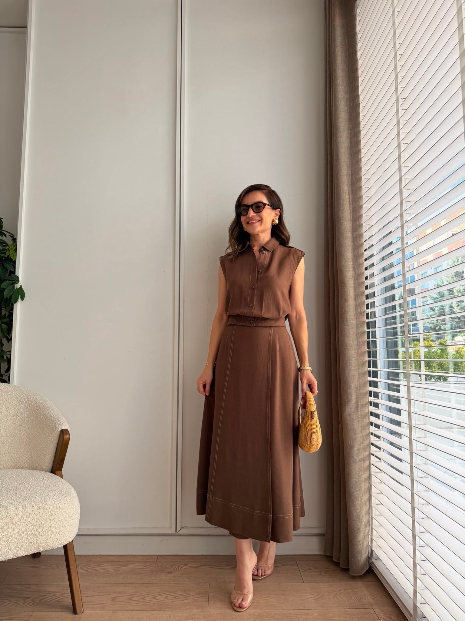 Kahve rengi Dikişli Keten Takım 0088