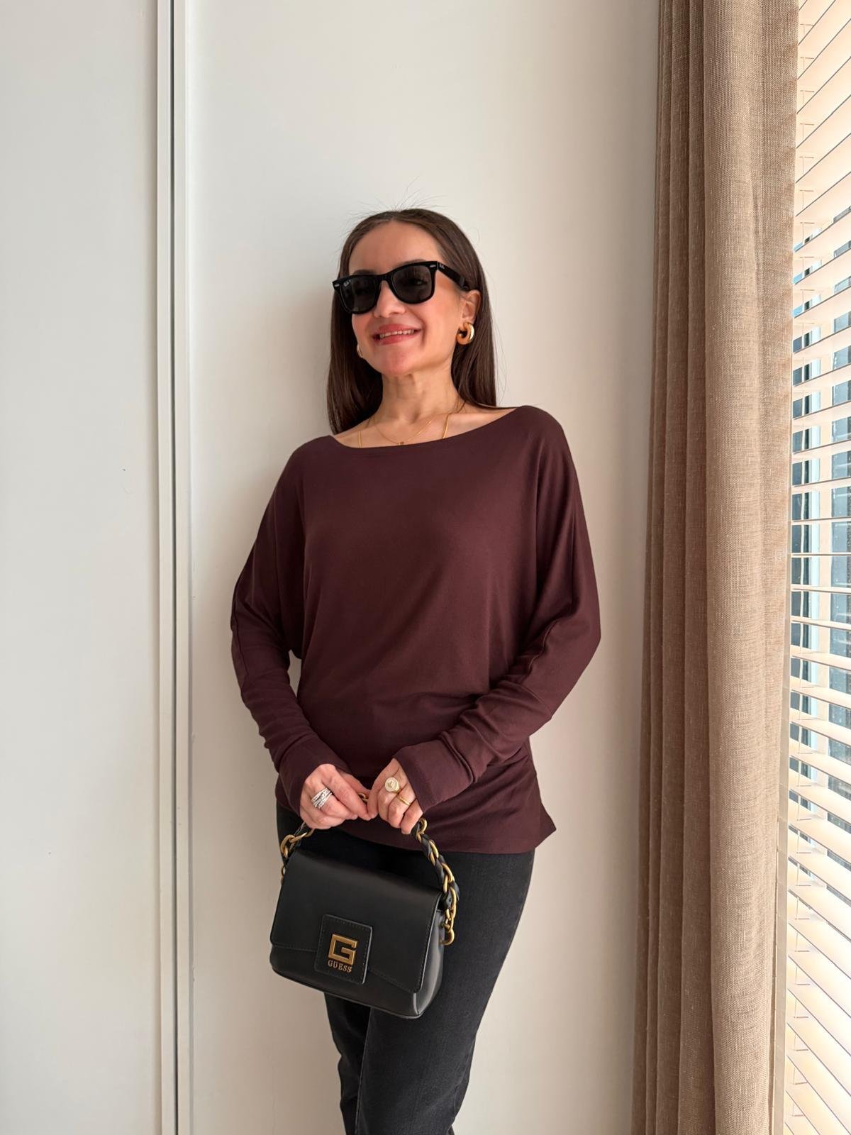 Kahve rengi Drape Detaylı Yarasa Kol Bluz 251077