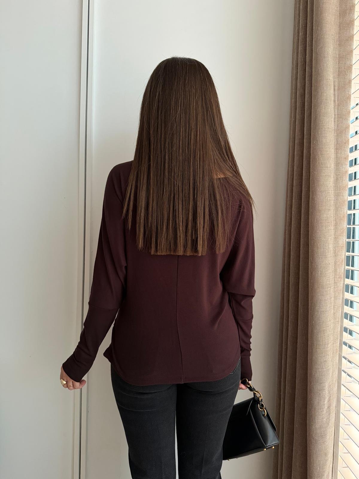 Kahve rengi Drape Detaylı Yarasa Kol Bluz 251077