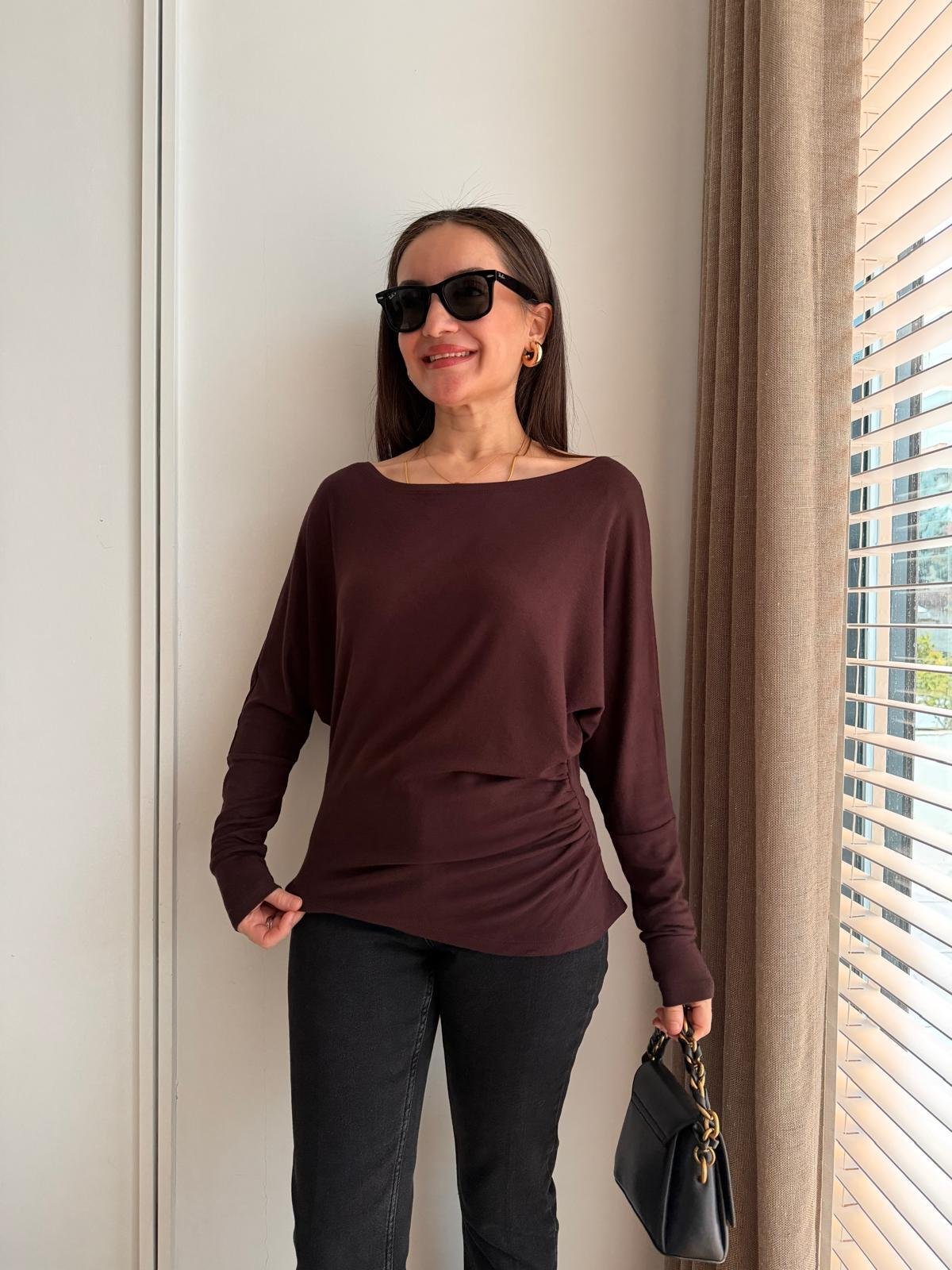 Kahve rengi Drape Detaylı Yarasa Kol Bluz 251077