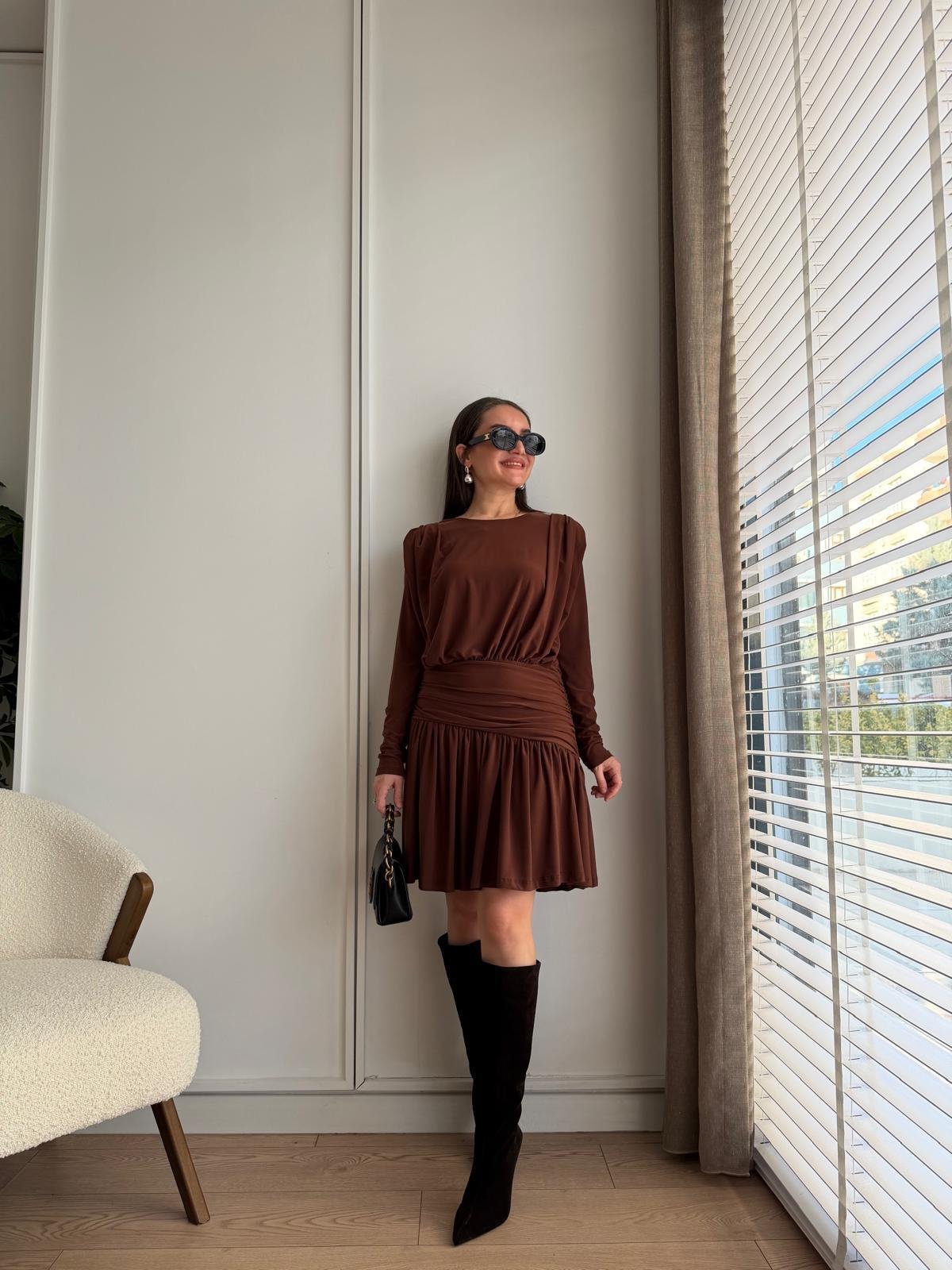 Kahve rengi Drapeli Mini Boy Elbise 112112